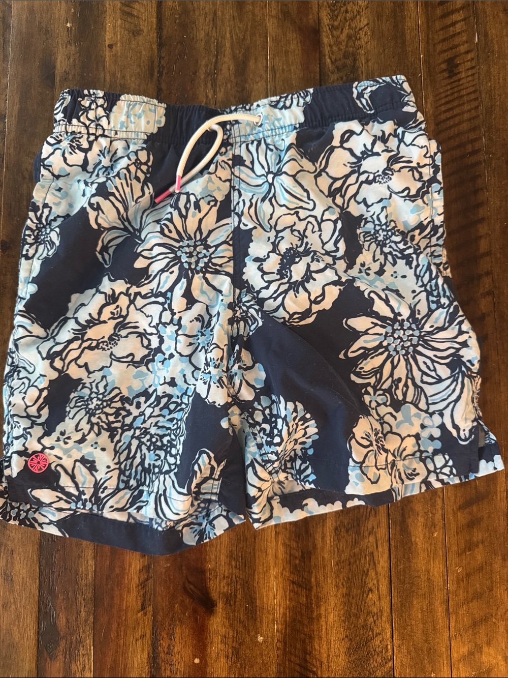 Lilly Pulitzer Navy Floral Swim Shorts with Light Blue & White Print